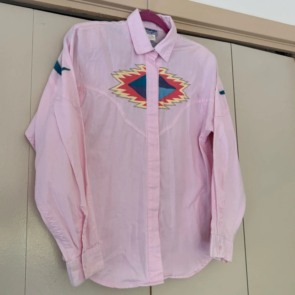 Rare Vintage Wranglers Women’s Southwest Aztec Shirt Pink Bull Design Size Med - Picture 3 of 13